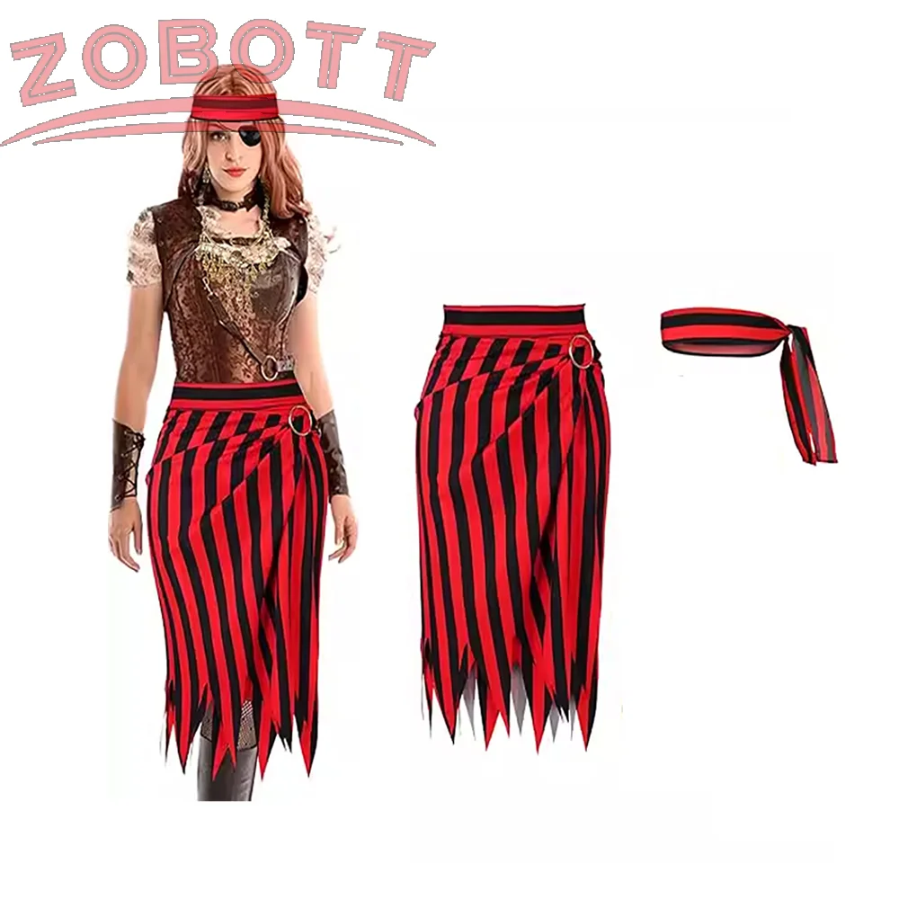 Fashionable Ladies Pirate Costume Dress Cartoon Striped Dress Halloween Cosplay Wonderful Set Skirts headscarves accessories