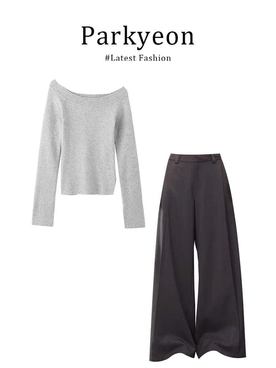 

Gray Long Sleeve T-Shirt Top with Drapey Feel Casual Pants Early Autumn Outfit Set Women's Fashion round Neck Pullover French...