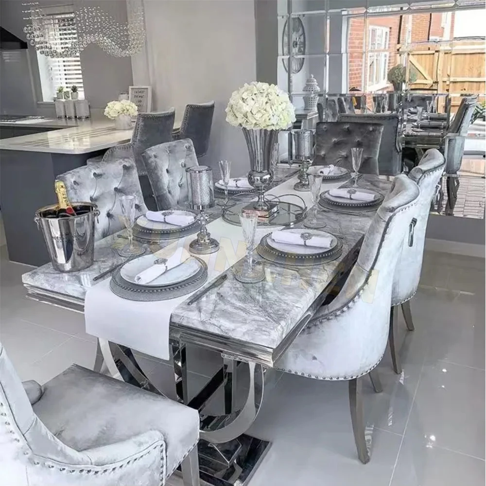 

Modern Luxury Kitchen Restaurant Tables and 6 Chairs Sets Grey High End Marble Dining Table Set for Home