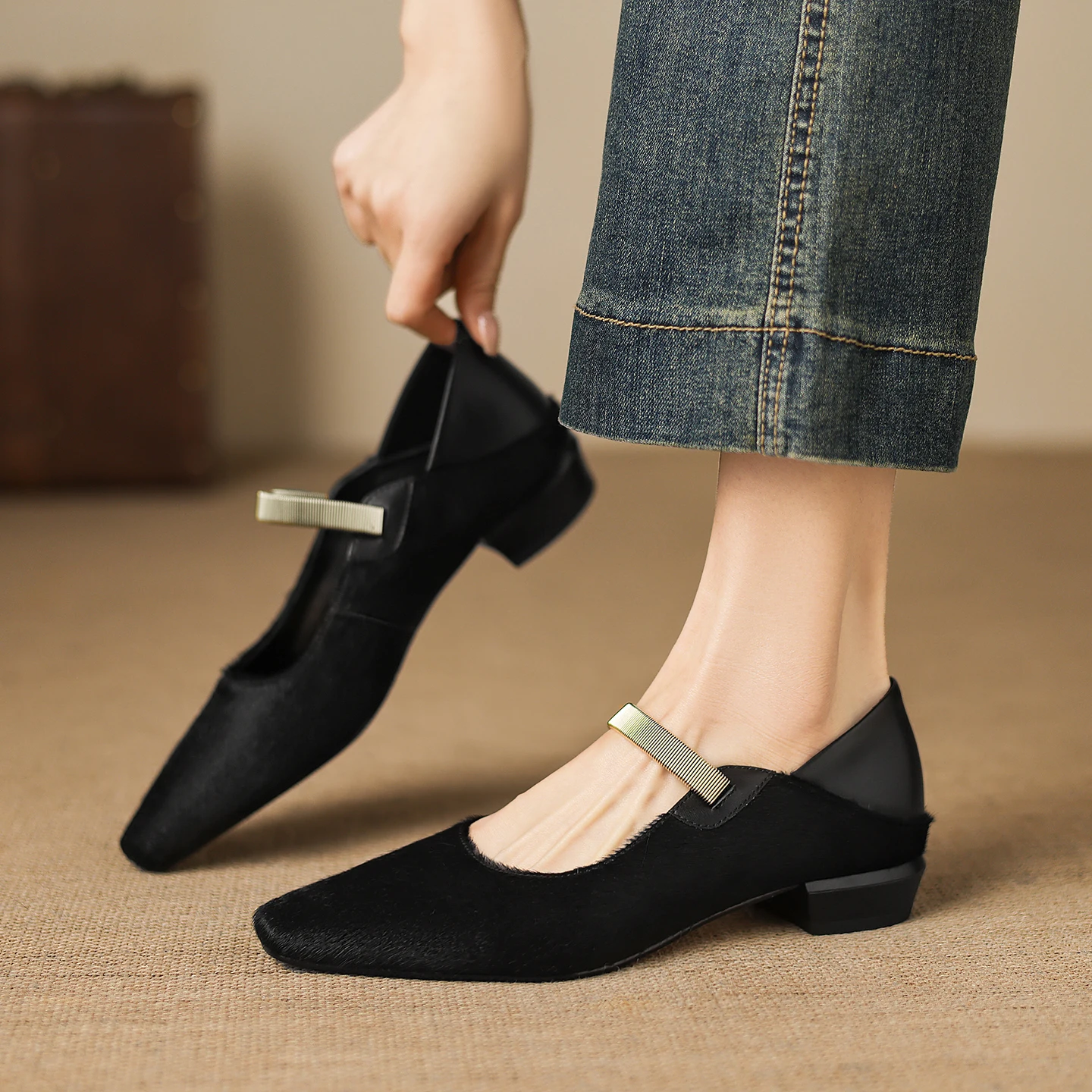 Genuine Leather Horsehair Square toe Women High Heels, Fashion Heeled Sandals,Elegant Women pumps,Classic Womens Shoes view 3
