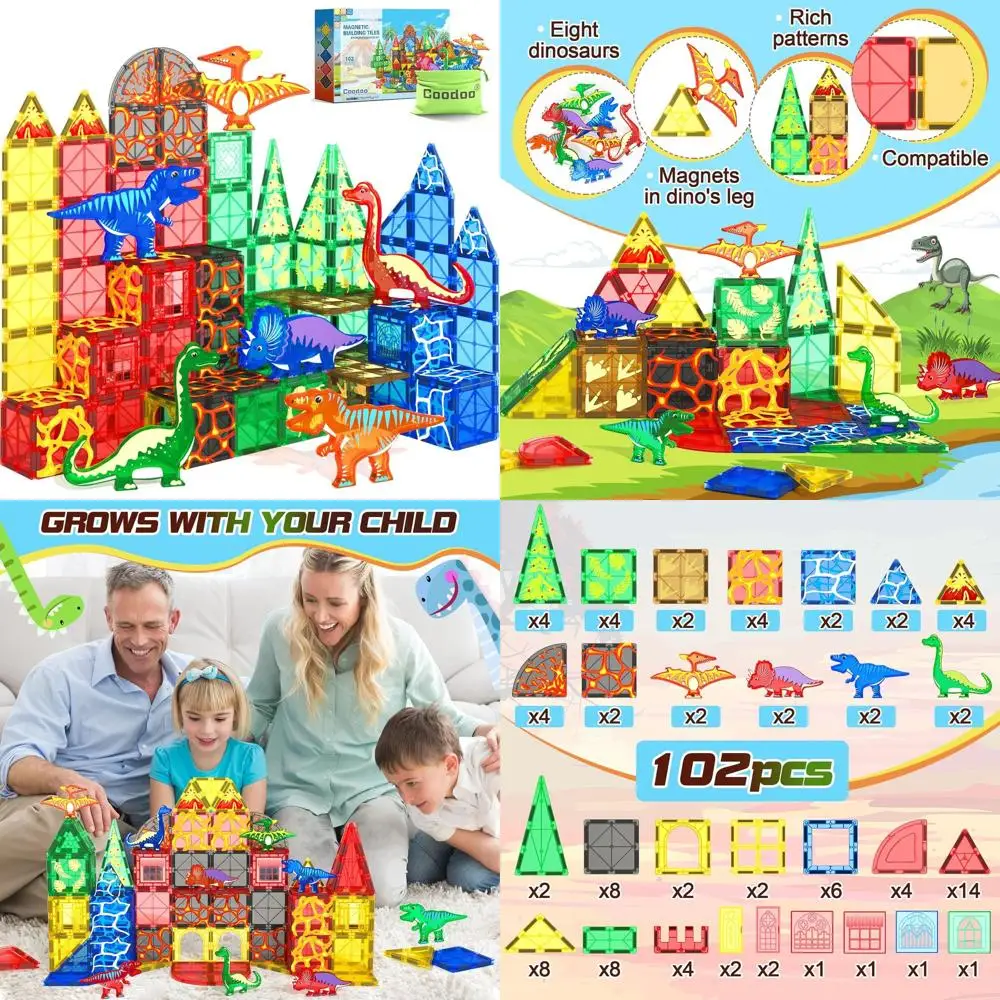 Jurassic Adventure: piastrelle magnetiche di dinosauri da 102 pezzi con 8 figure, set da gioco sensoriale educativo per bambini dai 3 anni in su