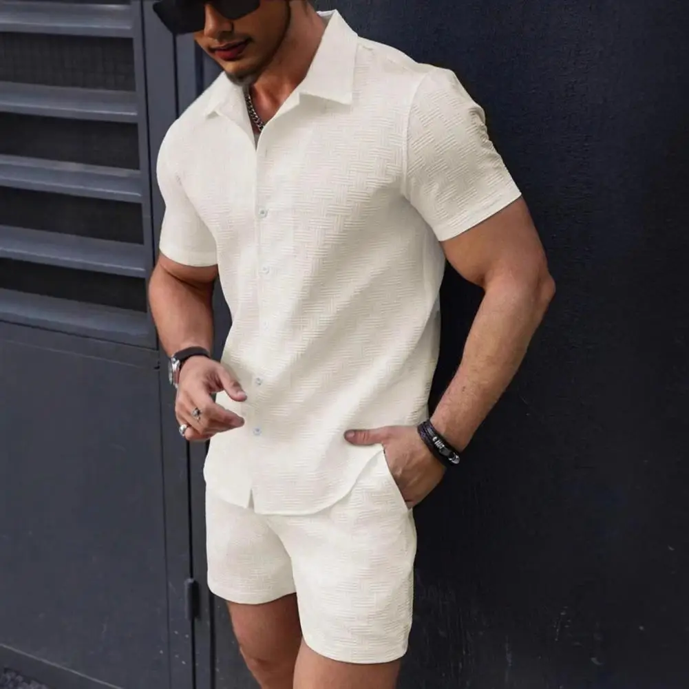 Terno masculino de duas peças, cor sólida, conjunto de terno masculino, camisa de manga curta, shorts com cordão e bolsos, roupa de praia para o verão