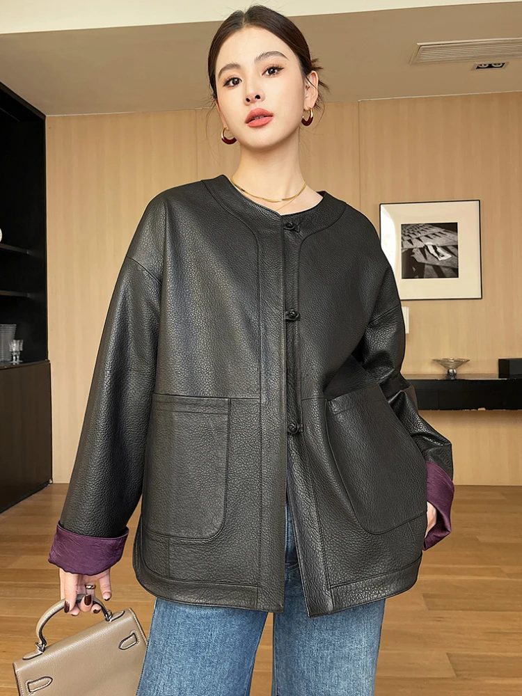 

Retro Simple O-neck Real Sheepskin Coat for Women 2024 New Trend Double-sided Wear Design Casual Genuine Leather Jacket