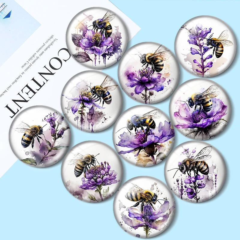 

Bee with Purple Flower 10pcs 12mm/18mm/20mm/25mm Round photo glass cabochon demo flat back Making findings