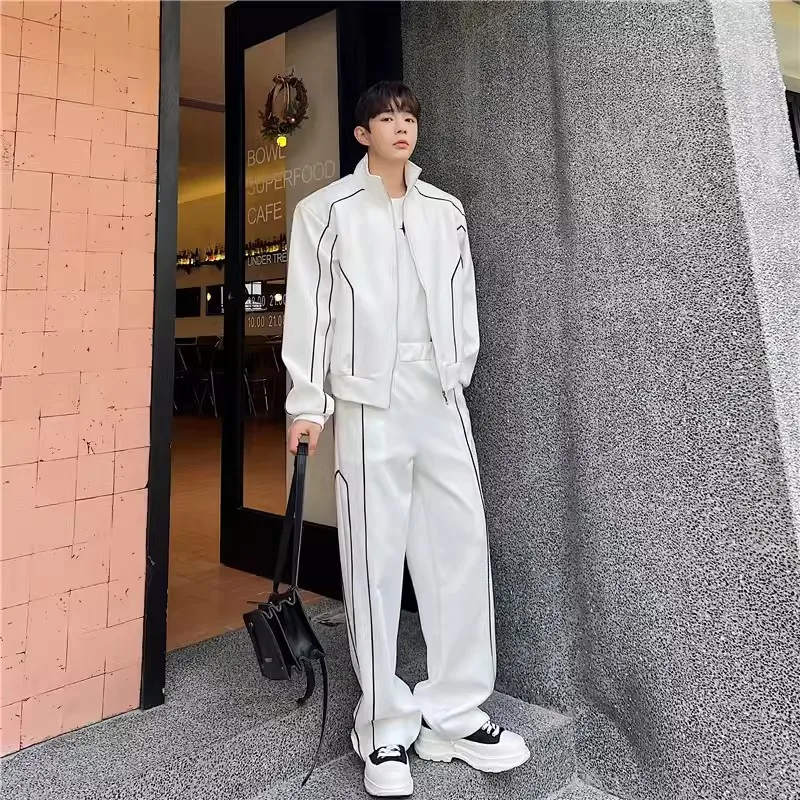 Sports 2 Pcs Set Men High Street Stripe Sportswear Short Jacket +loose Wide-leg Pant Casual Retro Streetwear Unisex Suit Autumn