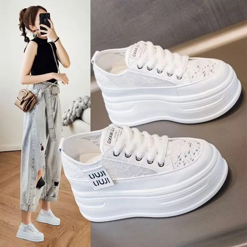 

Summer Crochet Lace Woman Platform Sneakers Wedge Shoes 2025 Female 8cm Height Increasing Breathable Casual Shoes Canvas Shoes