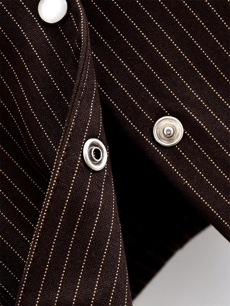 Women's Shirt 2025 Winter New Style Red-Brown Striped Long-Sleeve Short Shirt Jacket with Shoulder Pads Trendy and Fashionable - Image 5