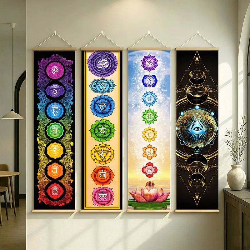 Chakra Hanging Scroll Wall Art mit Mandala-Motiv der sieben Chakren und Quasten Yoga-Meditations-Boho-Spiritual-Altar-Wandbehang