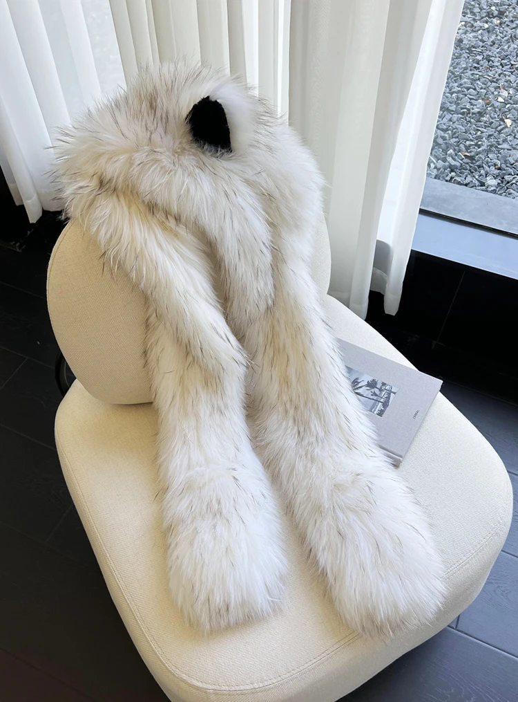 المرأة الشتاء الثعلب الفراء الحيوان الأذن قبعة وشاح مجموعة فو الفراء محبوك قبعة الثلوج الدافئة كامل التفاف الرقبة حماية طويلة ثنى التصميم قبعة