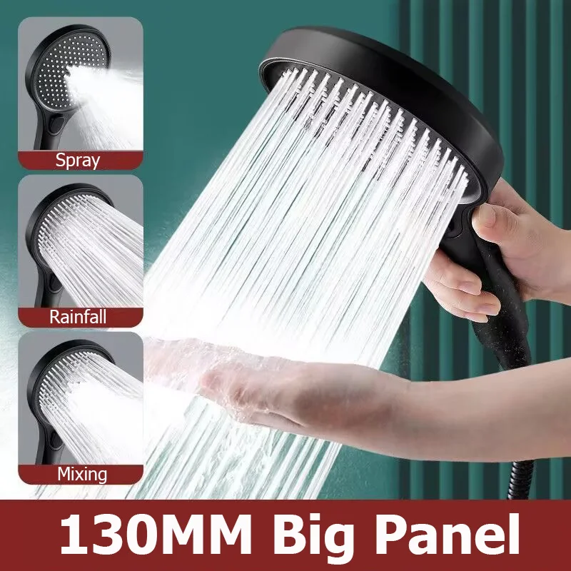 New High Pressure Big 130mm Shower Head 3 Modes Water Saving Spray Nozzle Massage Rainfall Black Shower Bathroom Accessories