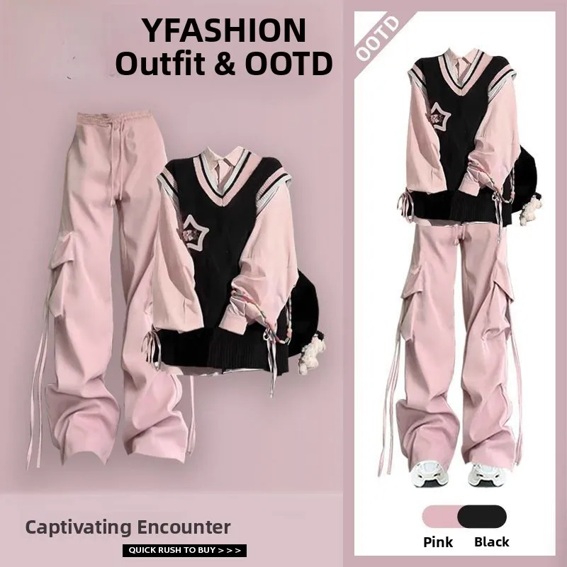 

Early Autumn Preppy Sle Dopane irt Vest Set Women's Korean Hot Girl Aesthetic Workwear Pants Tee Piece Suit