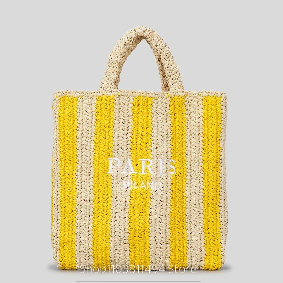 New Striped hand woven straw woven bag, embroidered letters, Beach Straw Knitting Shoulder Bag Hollow woven handbag Casual Tote