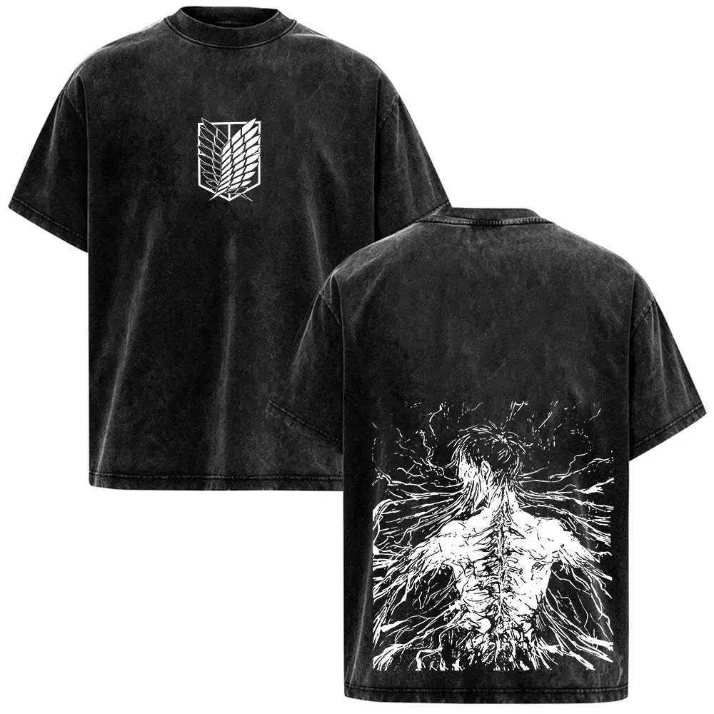 Vintage Washed Attack on Titan Anime T-Shirt für Männer, Neues Manga Eren Yeager Grafik-T-Shirt, Lässiges Baumwoll-Kurzarm-T-Shirt für Herren – Detail 2