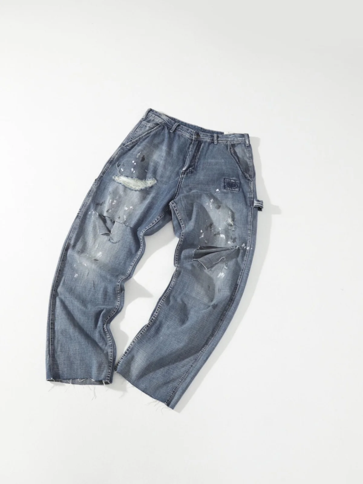 

American Street Sle Heavyweight Waed Saint Patch Ink Splaed Knife Cut Straight Leg 3D Trim Jeans for Youth