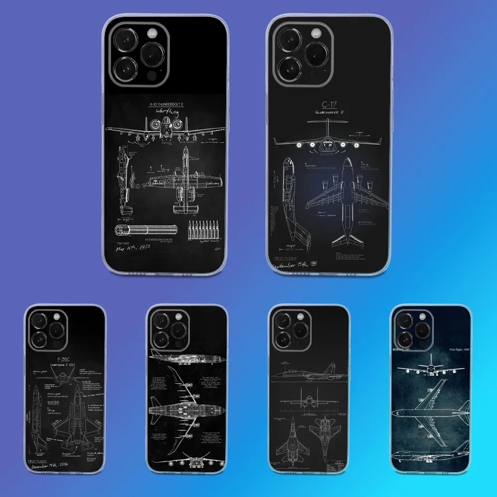 

Aircraft Art Blueprints Phone Case For iPhone 16,15,14,13,12,11 Pro,Max,Plus,X,XS,XR,SE,Mini Transparent Silicone Soft