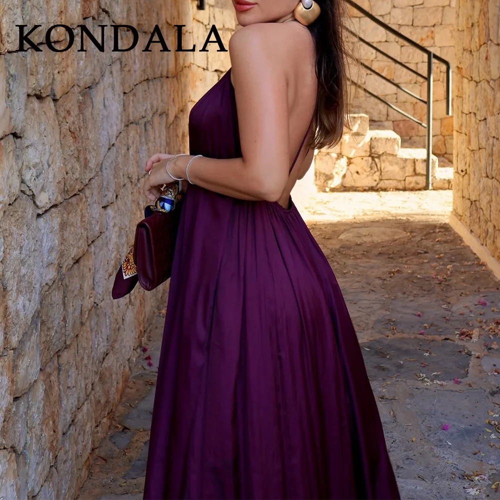 ชุดเดรสผ้าซาตินสไตล์สตรีทแวร์สำหรับผู้หญิง คอลเลคชั่นฤดูใบไม้ผลิ/ฤดูร้อน ปี 2025 แบรนด์ KONDALA แฟชั่นลำลอง สีพื้น โชว์หลัง คอทรงโอ แขนกุด ทรงหลวม