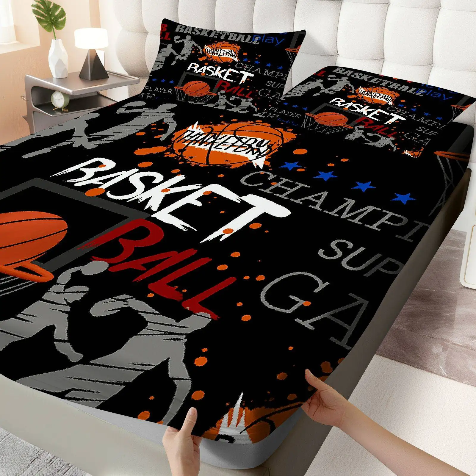 Customize 3pcs Basketball Sport Game Fitted sheet Three Piece Set (1*Fitted Sheet+2*Pillowcases, Coreless), Sport theme, Athlete
