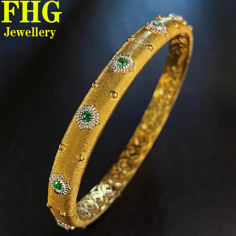 18K Au750 Yellow Gold Nature Emerald  bangle Bracelet Wedding Party Engage gife