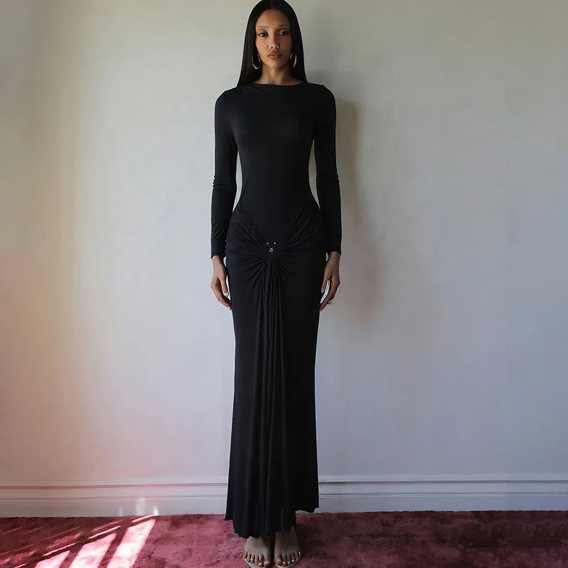 Letnia seksowna sukienka midi typu bodycon, elegancka, z ozdobną klamrą, jednolita, z długim rękawem, podkreślająca biodra, obcisła sukienka na ramiączkach.