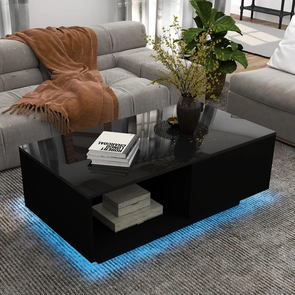 LED Black Coffee Table for Living Room with Drawer & 16 Colors Lights, Storage Space, 43.3IN High Gloss Modern Coffee Table