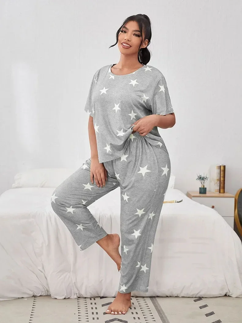 Two pieces -autumn and winter new leisure home clothes short -sleeved pants star full printed pajamas lady