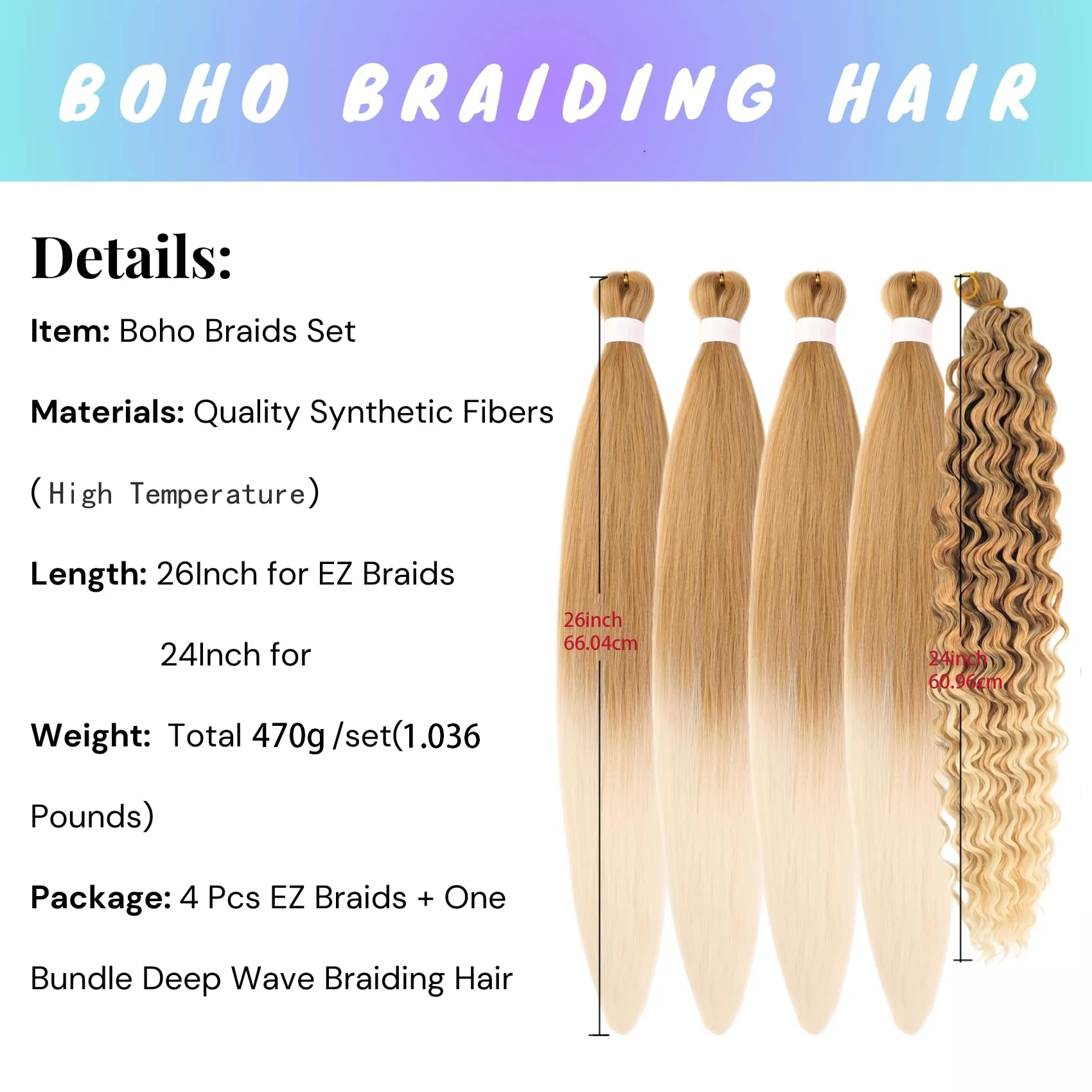 5pcs Pieces Pre-Stretched Synthetic Boho Braids Suitable for - Glossy Long Wavy Hair Extensions, Ombre Brown Boho Braids for DIY