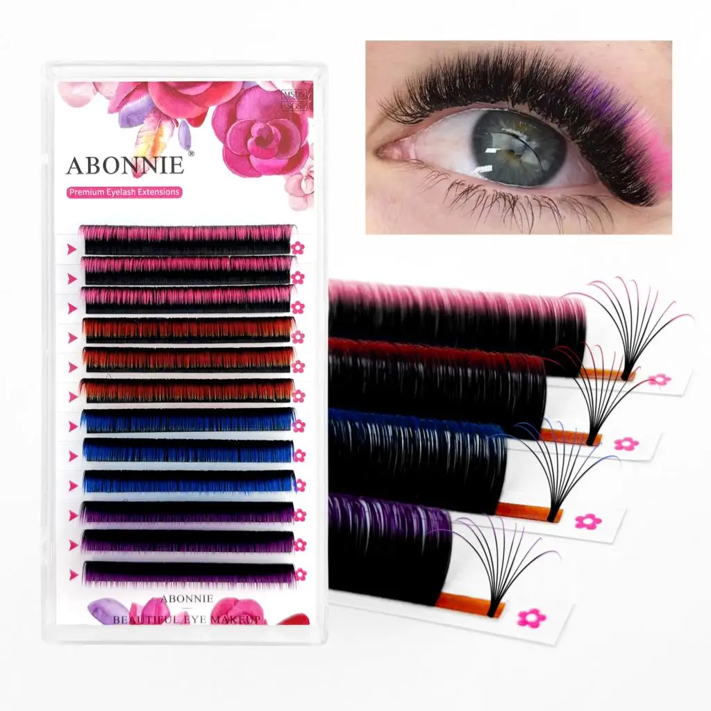 Abonnie 12Rows 0.07mm Omber Colored Easy Fanning Volume Lashes Soft Mink Fast Blooming Auto Fans Eyelash Extensions For Beauty