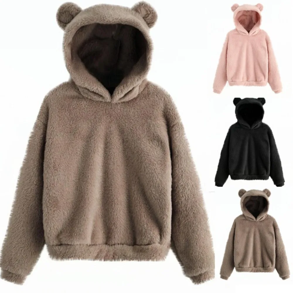 Long Sleeve Bear Ear Hoodies Homewear Fuzzy Outwear Fleece Sweatshirt Solid Color Plush Hoodies Autumn