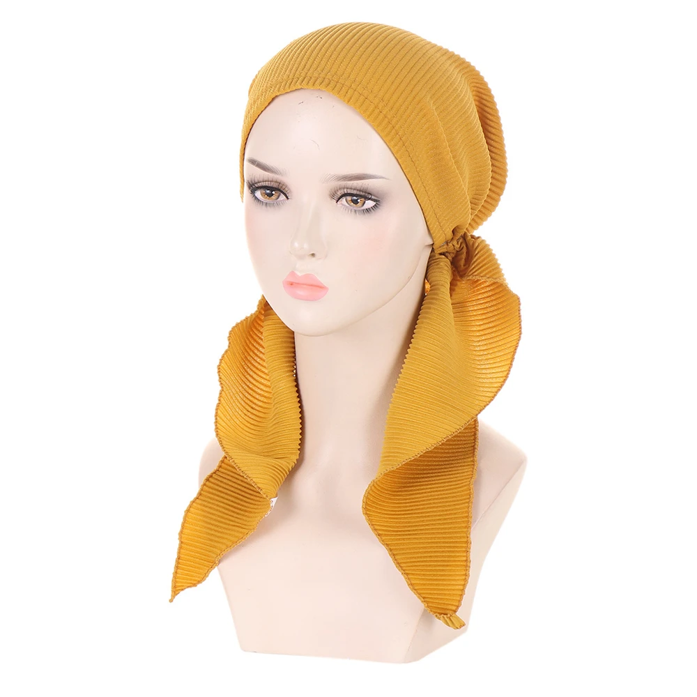 Baru topi syal kepala pra-terikat wanita Muslim topi Turban kanker topi Kemo rambut rontok penutup kepala bungkus Headwear peregangan bandana Hijab