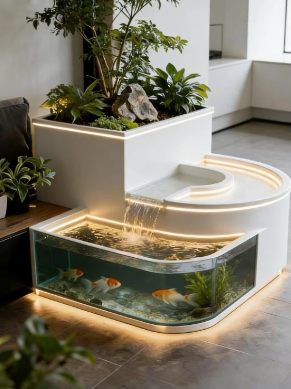 Modern Stainless Steel Desktop Water Fountain Fish Tank with LED Light Indoor Outdoor Balcony Garden Decoration Customizable