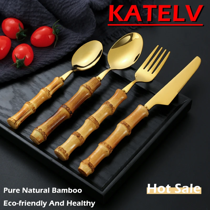 

4Pcs Tableware Set Stainless Steel Purely Natural Bamboo Handle Flatware Set Dinnerware Steak Knife Cutlery Bamboo Cutlery Set