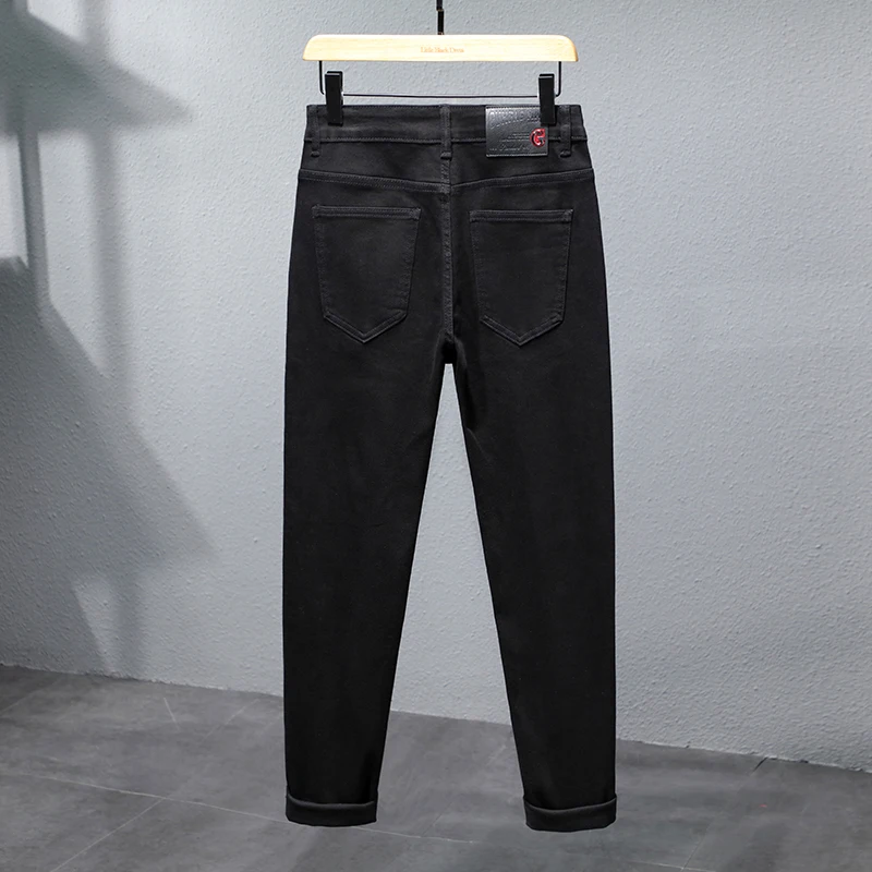 Calça jeans reta preta elástica masculina, calça justa amarrada no tornozelo, roupa de luxo leve, estilo coreano, moda verão, 2024