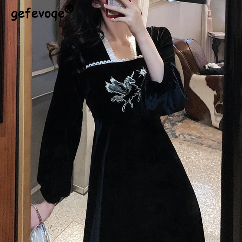 Women French Style Vintage Embroidery Elegant Party Dresses Ruffled Lace Gold Velvet High Waist Long Sleeve Slim Midi Dress Robe