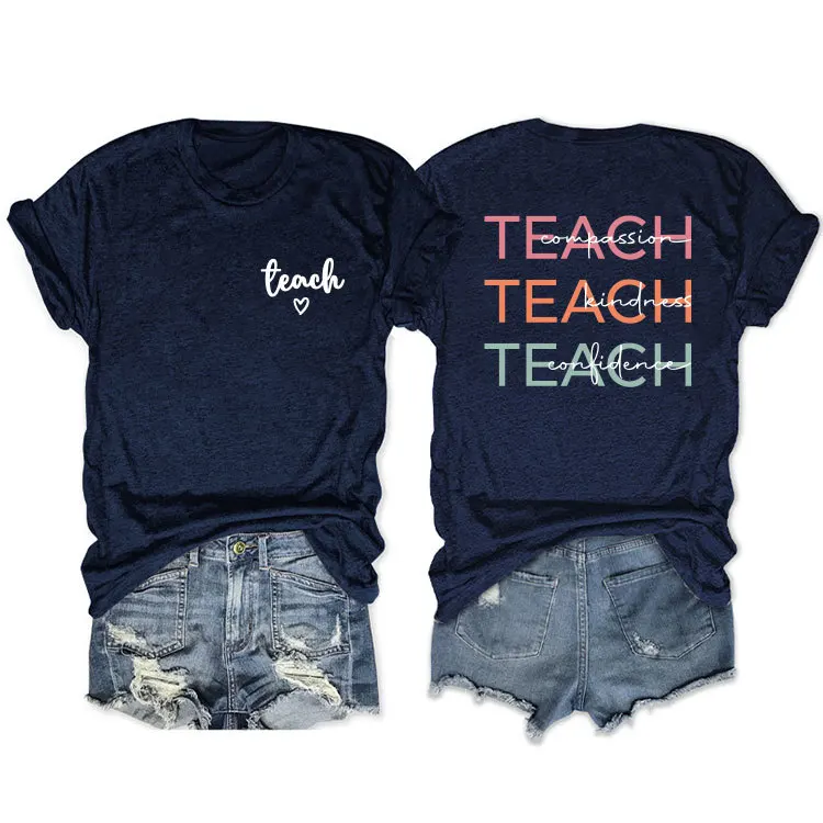 Summer fashion T-shirt teach compassion teach kindness printed casual blouse with loose round neck