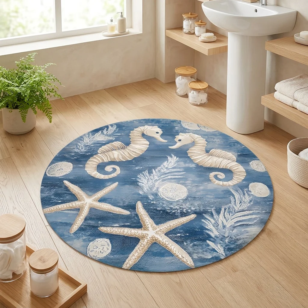 2D Flat, 2D Flat, 1pc 2D Printing Flannel Round Bath Mat  Seahorse, Starfish, Shell Patterns, Machine Washable, Thick And Soft, Ideal For Multiple Rooms