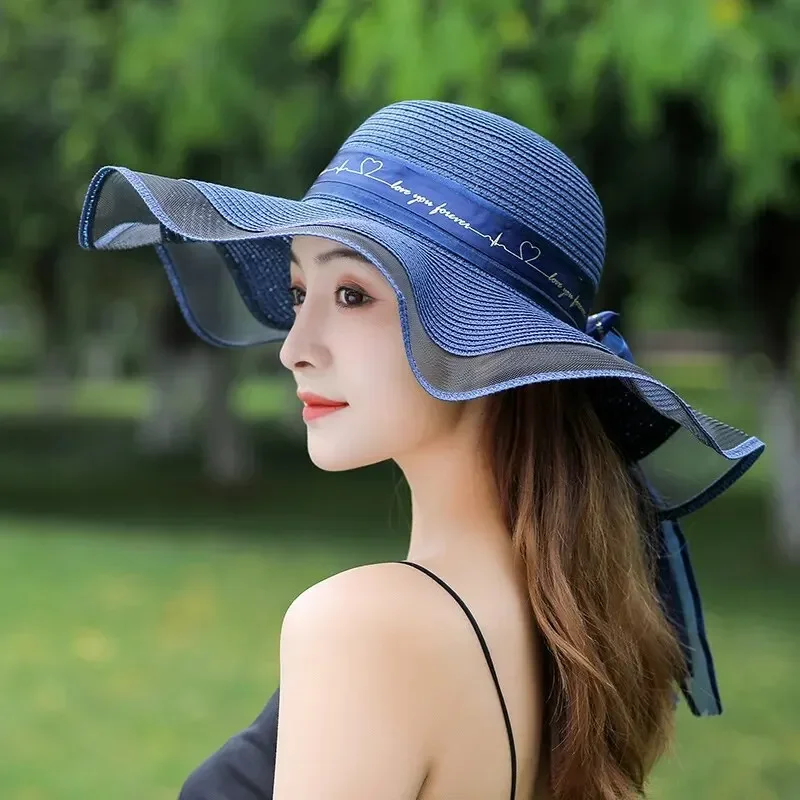 Chapeau de paille de plage pour femmes en été, Style coréen, chapeau de Protection solaire à grand bord, polyvalent, mode vacances, chapeau de plage