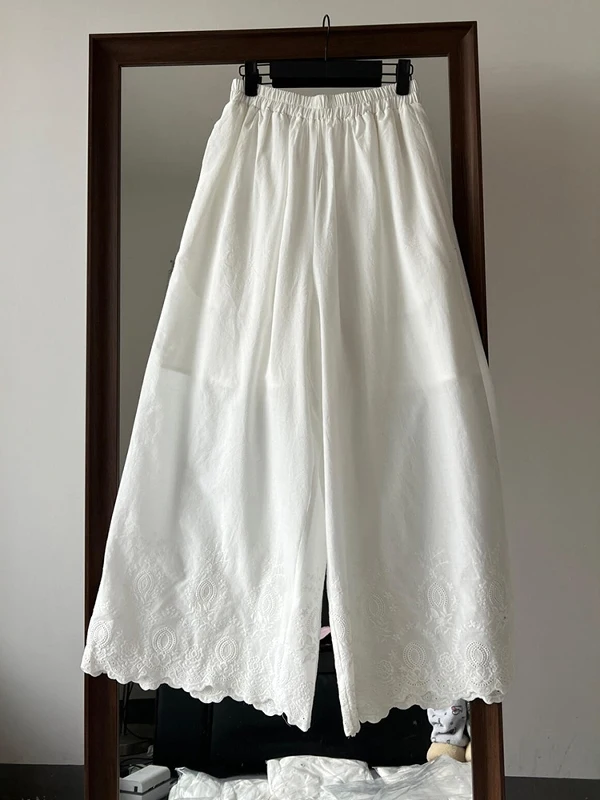 

Ele белые широкие брюки женские свободные слипоны уникального дизайна повседневные длинные брюки корейские брюки с высокой талией в стиле ретро