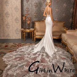 Sexy V-neck Mermaid Lace Wedding Dress Sleeveless Sheer Illusion Bridal Robes Satin Court Train Bride Dresses Vestido De Noiva