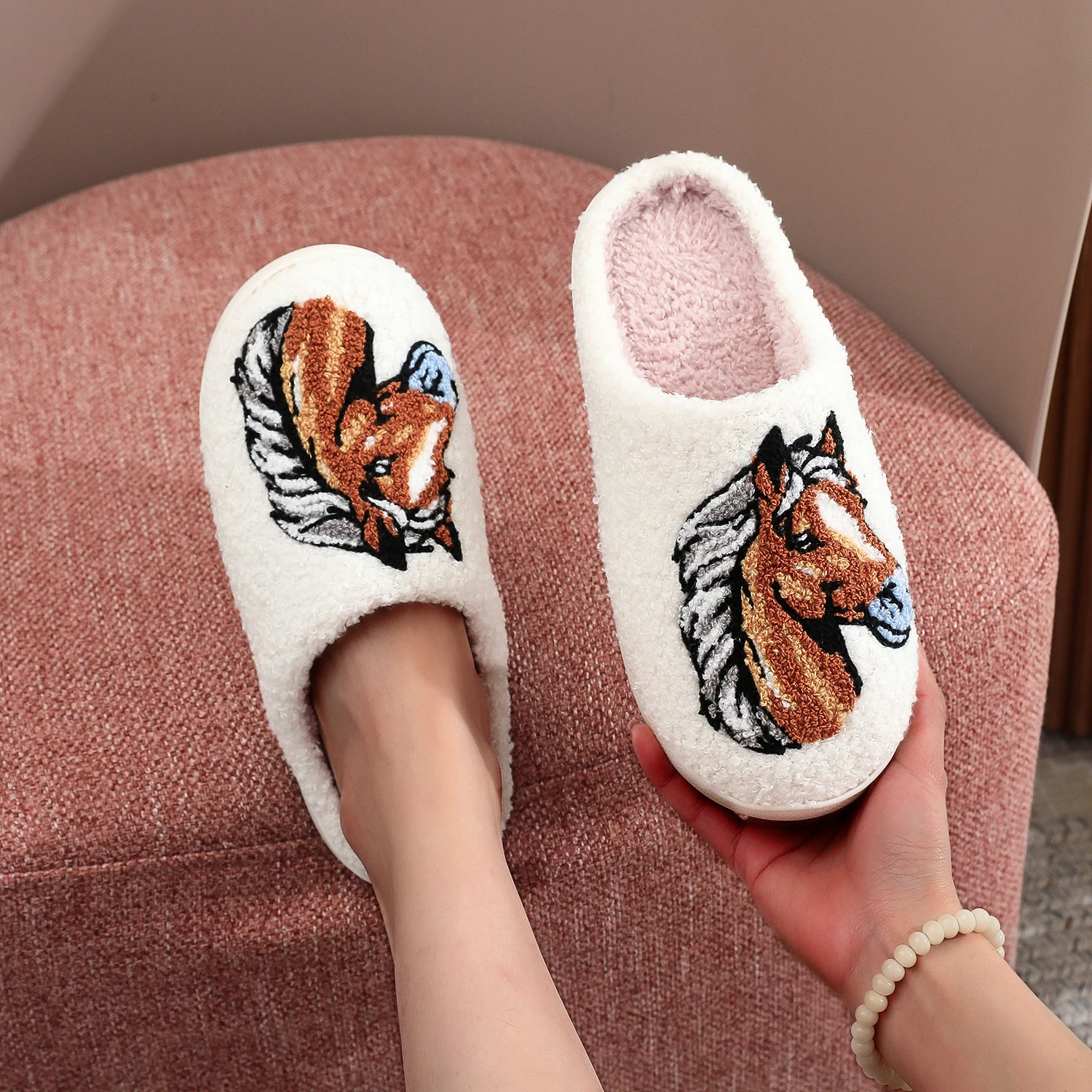 

Farmer Ranch Horse Embroidered Plush Home Thick-Soled Furry Slippers Cute Warm Non-Slip Indoor Slippers Horse Gifts for Parents