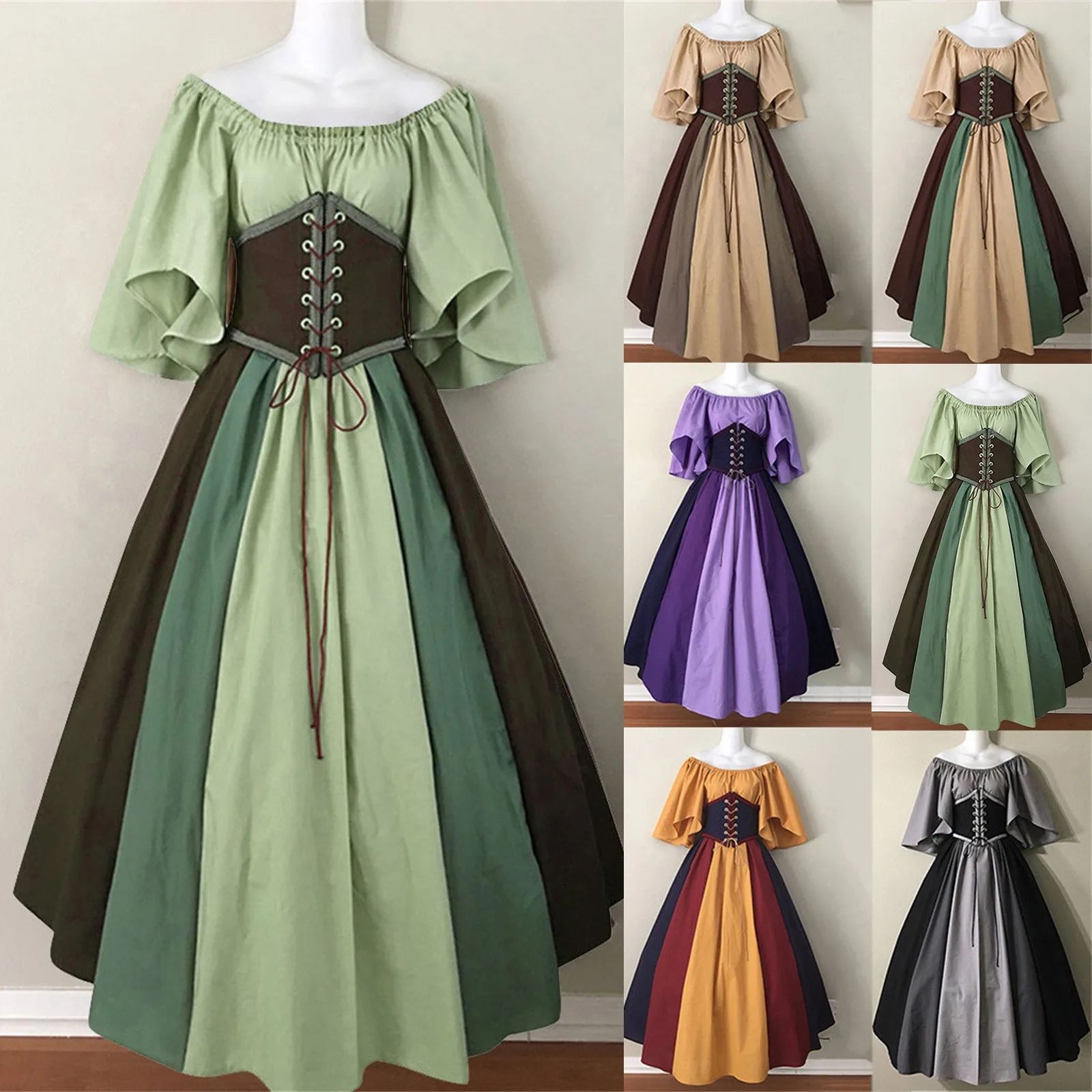 European and American Medieval Retro Contrasting Slim Fitting Skirt with Flying Sleeves Large Swing Skirt One Shoulder Dress