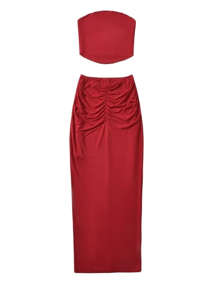 

Sexy Trendy Two-Piece Set Street Style Hot Girl Pure Desire Strapless Pleated Slim High Waist Body Shape Split Wrap Long Skirt