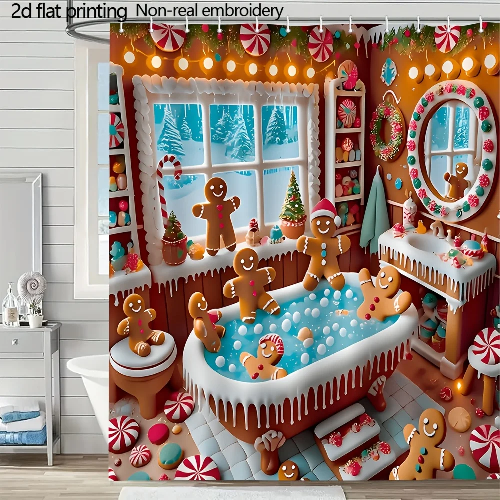 Funny Gingerbread Man Shower Curtain, Christmas Candy Cane Bathroom Decor, Festive Holiday Cookie Print Waterproof Bath Screen