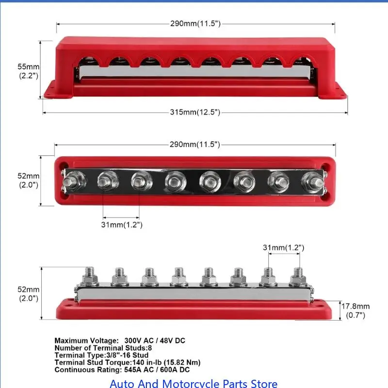 

P9FD Heavy Duty 600A Bus Bar Power Distribution Block Busbar Box (3/8") Terminals Studs Module Design 48V