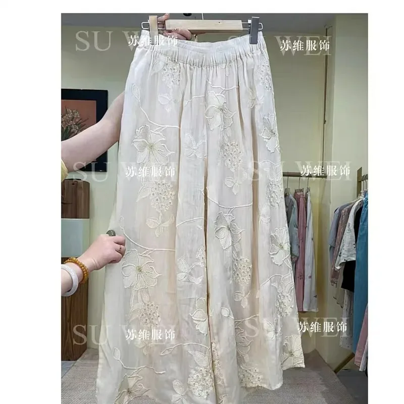 

Spring Summer New Linen Floral Embroidery Pants Women Chinese Elastic Waist Wide Legs Trousers Casual Ankle-Length Female Pants