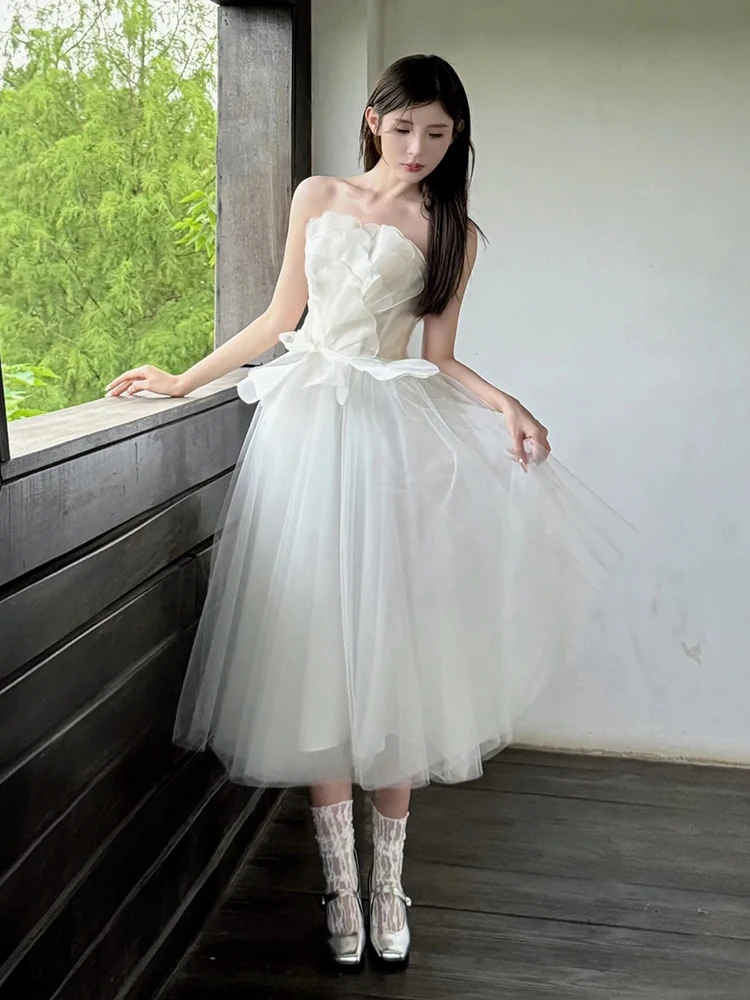 

Белое платье-фея без бретелек для девочек, корейский стиль, для дня рождения, средней длины, для маленьких девочек