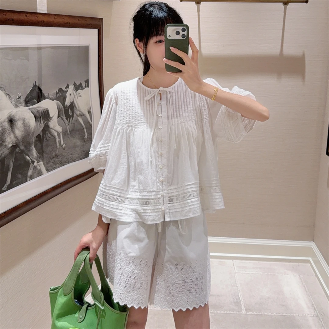 

Sweet Tuck Folded Belt Short Style White Shirt French Style Loose Cotton Bubble Sleeve Women's Top Skin-friendly Breathable