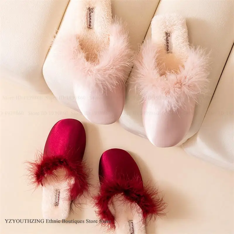 Luxury Feather Satin Fluffy Slippers Women's Sandals Wedding Slippers Bridal Shower Bachelorette Party Slippers Bridesmaid Gift view 2