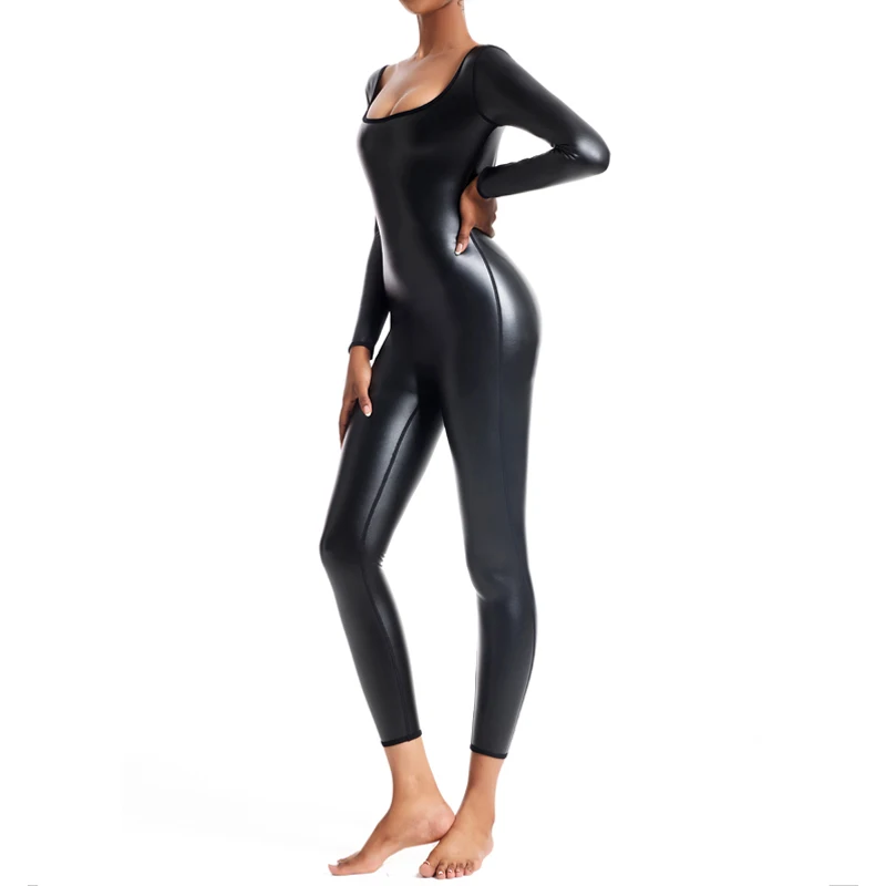 Womens Leather Bodysuit Shapewear Body Shaper Tummy Control Slimming Leggings Thigh Slimmer Long Sleeves Abdomen Shapers Corsets