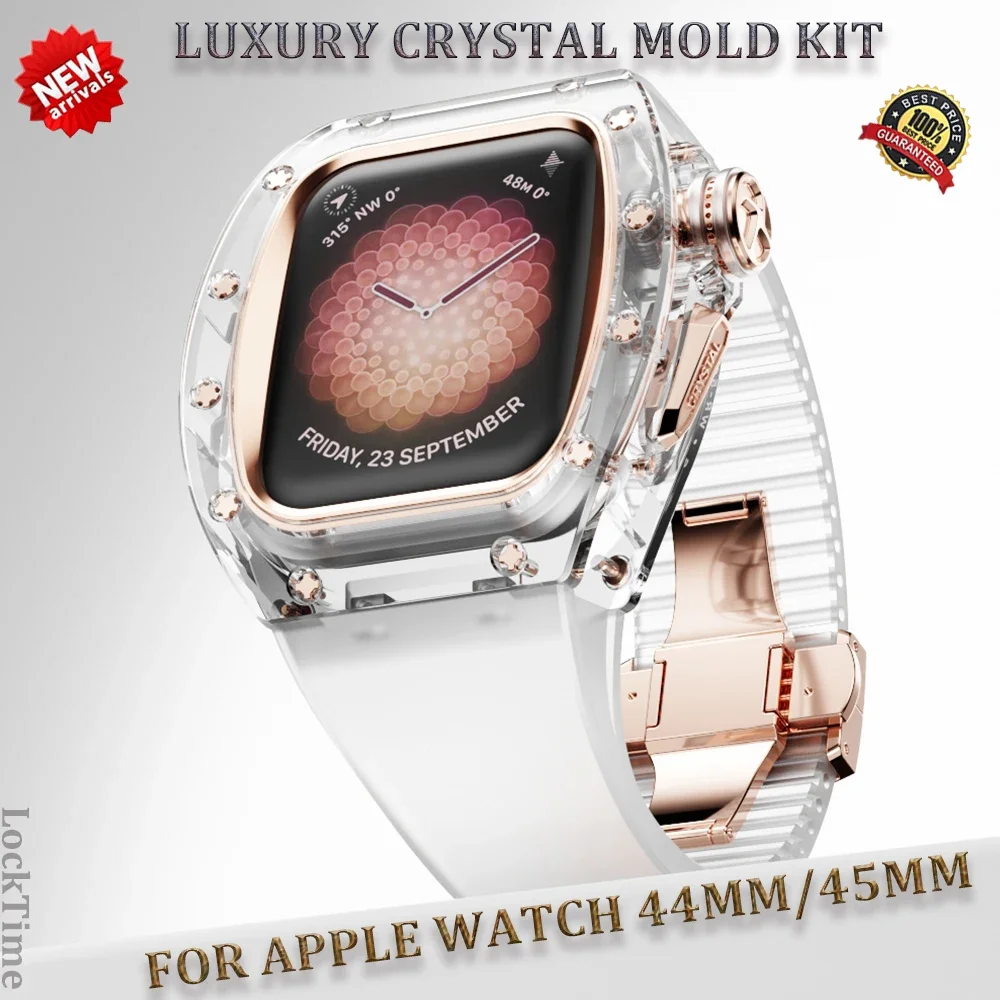 

Crystal Mold Kit For Apple Watch 44mm 45mm Luxury Fashion Retrofit Case Viton Strap For iWatch Series 9 8 7 6 5 4 SE Transparent