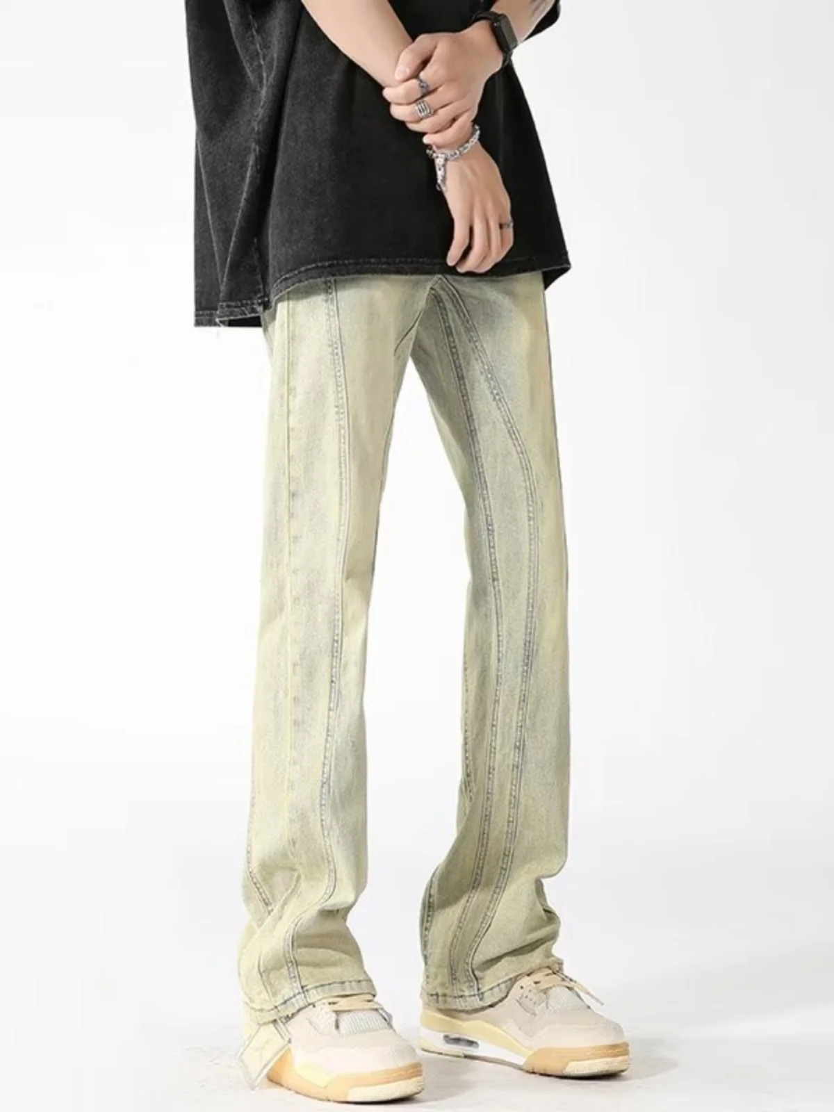 

Мужские джинсы American High Street Vibe, модные прямые брюки, микро-расклешенные утягивающие повседневные джинсы с желтой глиняной краской